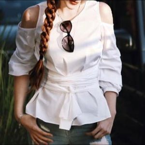 White top cut out shoulders waist belt tie